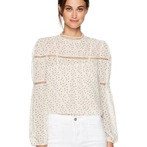 Women's Cream & Black Speck Print Peasant High Neck Sheer Blouse Large